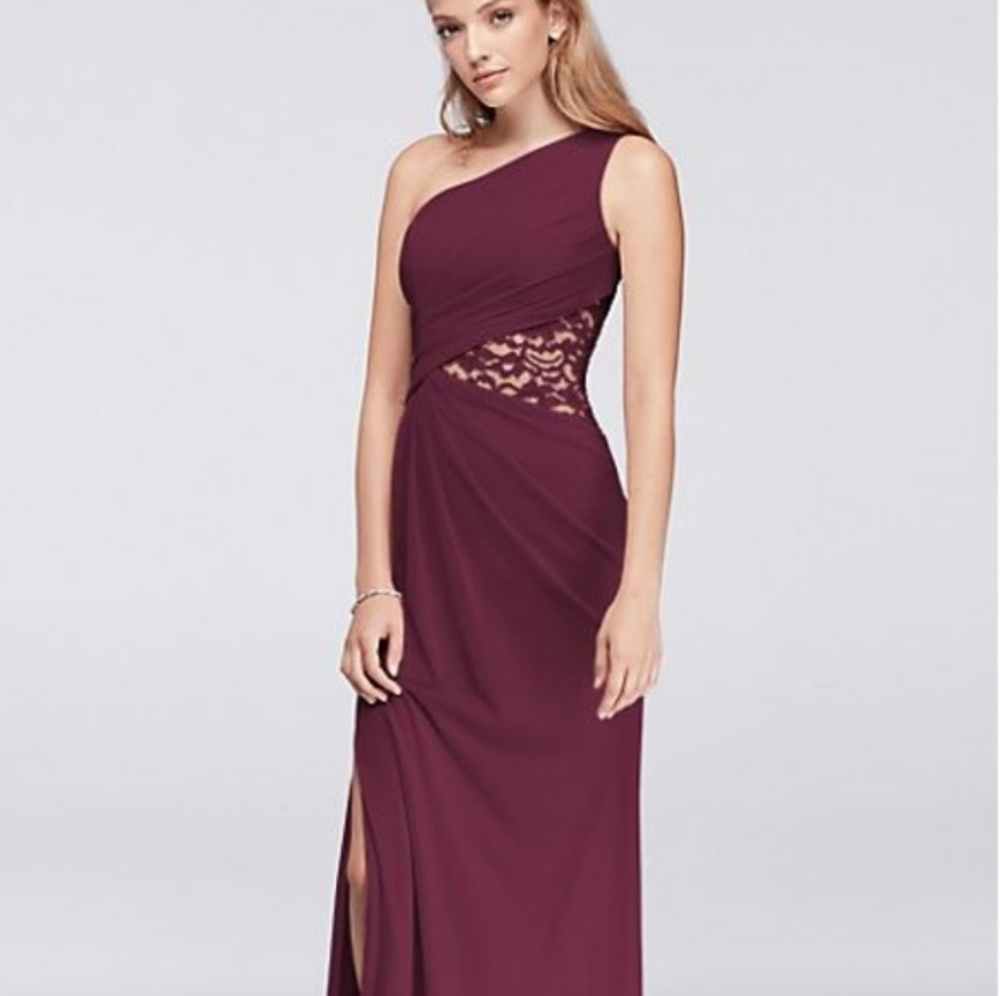 David's Bridal One-Shoulder Mesh Dress with Lace I